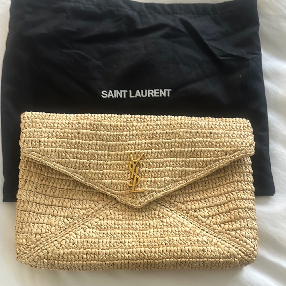 Saint Laurent raffia Cassandre large envelope clutch NWT